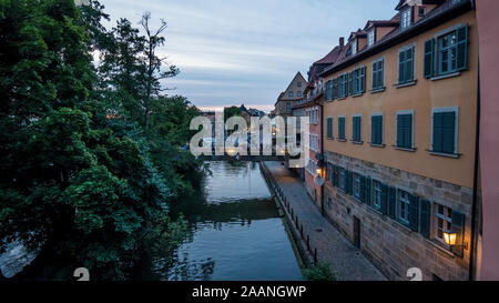 Bamberg 2019. Palaces overlooking the Regnitz river. We are at sunset and the tourists swallow the cool of the evening. August 2019 in Bamberg. Stock Photo