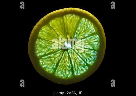 Slice of Orange with Backlight Isolated on Black Background Stock Photo