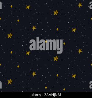Star sky seamless vector pattern background blue and gold shapes in hand drawn style. Stock Vector