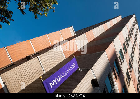 An unusual view of New York University's Alumni Hall dormitories on Third Avenue in Greenwich Village, Manhattan, New York City. Stock Photo