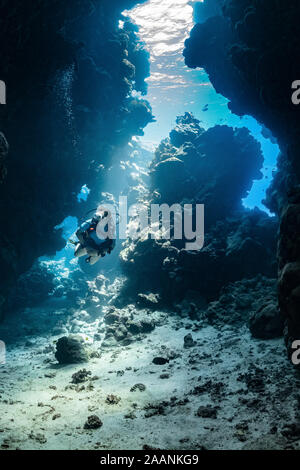 woman diver visiting underwater cave in the Red Sea, egypt, Shaab ...