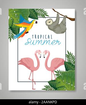 tropical summer poster with animals exotics and leafs Stock Vector ...