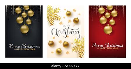 Set Christmas greeting card, grey background.Gold and silver Christmas ball. Metallic gold and silver Christmas snowflake. Hand drawn lettering. Vecto Stock Vector