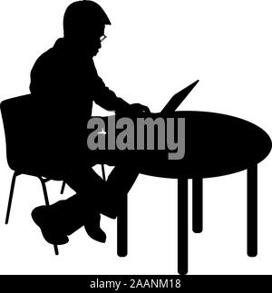Black silhouette man sitting behind computer, on a white background. Stock Vector