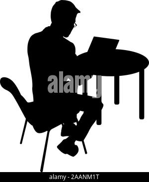 Black silhouette man sitting behind computer, on a white background. Stock Vector
