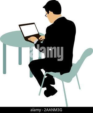 Black silhouette man sitting behind computer, on a white background. Stock Vector