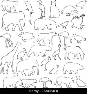 Silhouette elephant bear eagle trot duck zebra parrot on a white background. Stock Vector