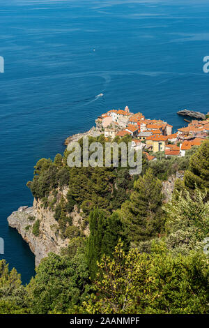 Aerial view of the ancient and small village of Tellaro, near Lerici, in the Gulf of La Spezia, Liguria, Italy, Europe Stock Photo