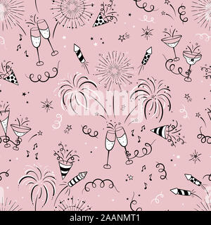 Fun hand drawn New Years Party seamless pattern - firework, paper streamers, cocktails and rockets doodles, great for banners, wallpapers, textiles, w Stock Photo