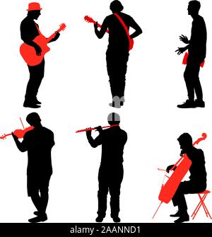 Silhouettes street musicians playing instruments. Vector illustration. Stock Vector