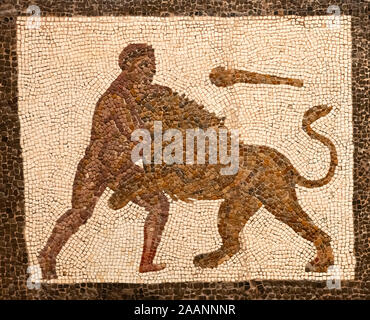 roman mosaic representing a god fighting with a lion, figure in brown color on a white small tiles background Stock Photo