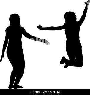 Silhouette of three young girls jumping with hands up, motion. Vector illustration. Stock Vector