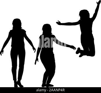 Silhouette of three young girls jumping with hands up, motion. Vector illustration. Stock Vector