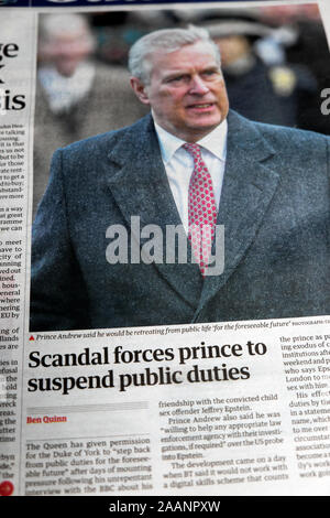 Prince Andrew "Scandal forces prince to suspend public duties" front