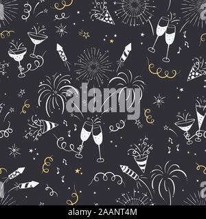 Fun hand drawn New Years Party doodles  - firework, paper streamers, cocktails and rockets , great for banners, wallpapers, textiles, wrapping Stock Vector