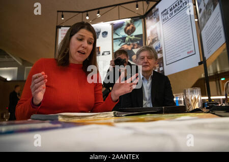 Liberal Democrat leader Jo Swinson with Deyan Sudjic, director of the Design Museum in London, during a visit to the museum to discuss the party's tech policy whilst on the General Election campaign trail. PA Photo. PA Photo. Picture date: Saturday November 23, 2019. See PA story POLITICS Election. Photo credit should read: Aaron Chown/PA Wire Stock Photo