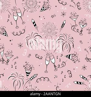 Fun hand drawn New Years Party doodles  - firework, paper streamers, cocktails and rockets , great for banners, wallpapers, textiles, wrapping Stock Vector