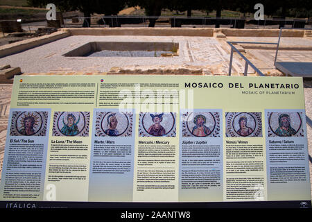 Santiponce, Spain - April 2, 2019: Mosaic of Planetarium. Informative panel in Spanish and English of this famous mosaic. Roman ruins of Italica. Spai Stock Photo