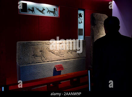 Nanyang, China's Henan Province. 22nd Nov, 2019. A visitor looks at exhibits at the Nanyang Stone-Carved Art Museum in Nanyang, central China's Henan Province, Nov. 22, 2019. Founded in 1935, the Museum of Han Dynasty Stone Carvings features more than 2,000 stone carving exhibits unearthed in mausoleums built between the late third century BC and the early third century AD. Credit: Feng Dapeng/Xinhua/Alamy Live News Stock Photo