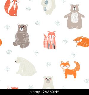 Seamless pattern with cute bears, foxs and different elements. Vector illustration in scandinavian style. Stock Vector
