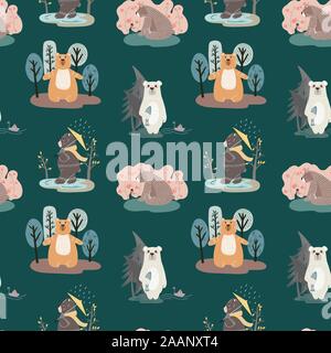 Seamless pattern with cute bears and different elements. Vector illustration in scandinavian style. Stock Vector