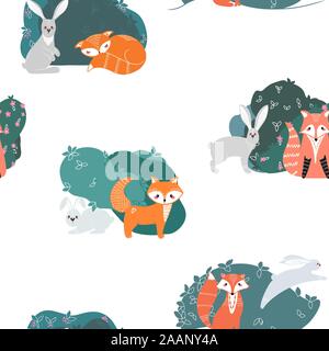 Seamless pattern with foxes, rabbits, hares and different elements. Illustration hand drawn in scandinavian style. Stock Vector