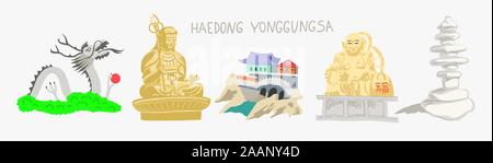 set of 5 doodle flat vector illustration of Haedong Yonggungsa seaside temple in Busan, South Korea Stock Vector
