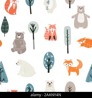 Seamless pattern with cute bears, foxs and different elements. Vector illustration in scandinavian style. Stock Vector