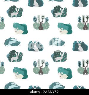 Seamless pattern with rabbit, hare and different elements. Illustration hand drawn in scandinavian style. Stock Vector