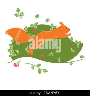 Cute Squirrel on the background of a tree, plant, bush. Vector illustrations in the Scandinavian style Stock Vector