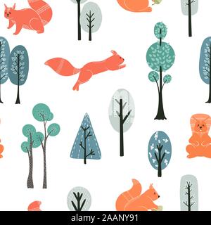 Seamless pattern. Squirrels on the background of trees, plants. Vector illustrations in a Scandinavian style. Stock Vector