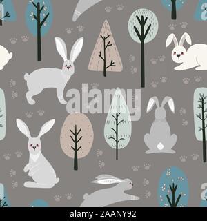 Seamless pattern with hare, rabbit and different elements. Illustration hand drawn in scandinavian style. Stock Vector