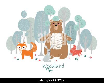 Cute animals on the background of the forest, trees, plants. Bear, Fox, Squirrel, Hare. Forest Animals. Vector illustrations in the Scandinavian style Stock Vector