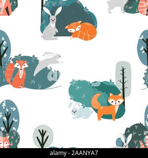 Seamless pattern with foxes, rabbits, hares and different elements. Illustration hand drawn in scandinavian style. Stock Vector