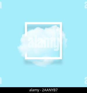 White cloud in snapshot frame illustration. Rectangular border with cotton candy isolated on baby blue color background. Creative artistic composition Stock Photo