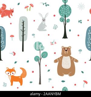 Seamless pattern. Cute animals on the background of the forest, trees, plants. Bear, Fox, Squirrel, Hare. Forest Animals. Vector illustrations in the Stock Vector
