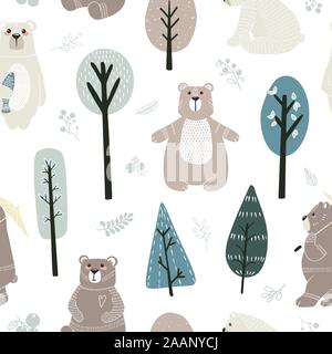 Seamless pattern with cute bears and different elements. Vector illustration in scandinavian style. Stock Vector
