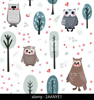 Seamless pattern with cute owl and different elements. Vector illustration in scandinavian style. Stock Vector