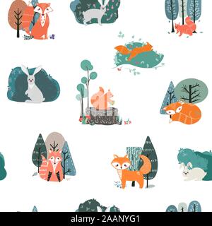 Seamless pattern. Foxes, Squirrels, Hares on the background of trees, plants. Vector illustrations in a Scandinavian style. Stock Vector