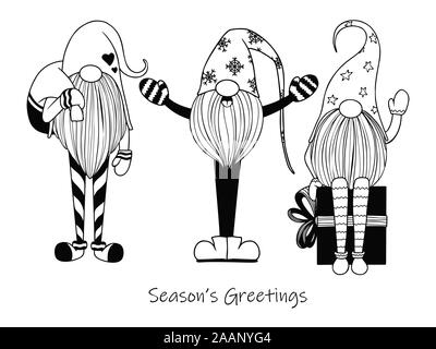 Scandinavian Christmas gnomes. Sketch of cute gnomes isolated on a white background. Stock Vector