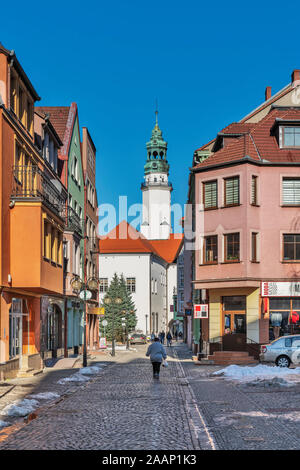 View through the Bracka alley to the town hall. The town hall Luban was built from 1539 to 1544, Luban, Lower Silesian Voivodeship, Poland, Europe Stock Photo