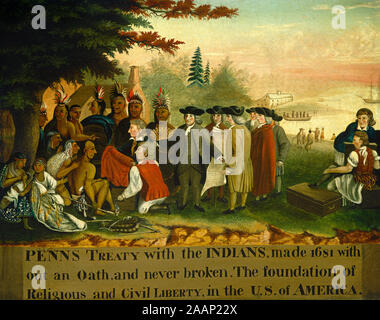 The English Quaker Leader William Penn concluding a treaty of friendship with North American Indians in November 1683, from a contemporary engraving by Benjamin West. Penn's colony Pennsylvania became a model country of religious and political tolerance. Stock Photo