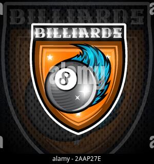 Billiard ball with blue wind trail in center of shield. Sport logo for any team or championship Stock Vector