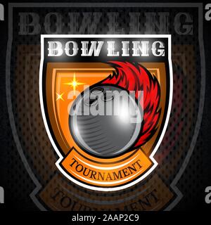 Bowling ball with fire trail in center of shield. Sport logo for any team or championship Stock Vector