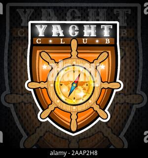Golden compass in the middle wooden steering wheel in center of shield. Sport logo for any yachting or sailing team or championship Stock Vector