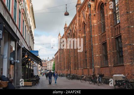 Fiolstraede Copenhagen, view of people walking along Fiolstraede, a street in the Old Town university district of Copenhagen, Denmark. Stock Photo