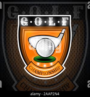 Golf clubs with ball near hole course in center of shield. Sport logo for any team or championship Stock Vector