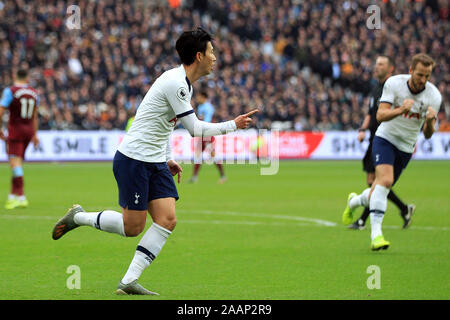 London, UK. 23rd Nov, 2019. Son Heung-min of Tottenham Hotspur celebrates scoring his team's first goal. Premier League match, West Ham United v Tottenham Hotspur at the London Stadium, Queen Elizabeth Olympic Park in London on Saturday 23rd November 2019. this image may only be used for Editorial purposes. Editorial use only, license required for commercial use. No use in betting, games or a single club/league/player publications . Credit: Andrew Orchard sports photography/Alamy Live News Stock Photo