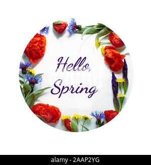 Spring floral composition from poppies, cornflowers, irises, and wild flowers with green leaves, hello spring writing  inside of flowering frame, flat Stock Photo
