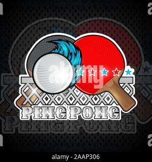Red and black ping pong rackets and ball with wind trail and net. Sport logo for any team or championship Stock Vector